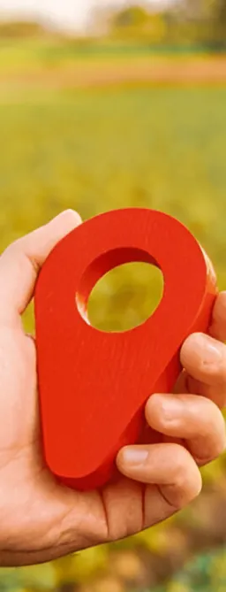 A hand holding a red location pin against a green outdoor background, symbolizing travel or navigation.