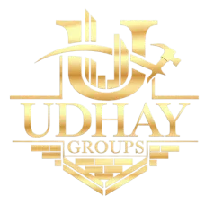 A golden logo of Udhay Groups featuring a stylized \x22U\x22 with an airplane and a building integrated into the design.