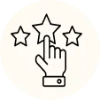 A black and white vector icon featuring a hand pointing to a star, surrounded by two additional stars, inside a circular frame.