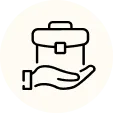 A black and white vector icon of a hand holding a briefcase, symbolizing business services or support.