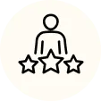 A black and white vector icon of a person standing above three stars, representing customer reviews or ratings.