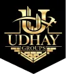 Udhay Groups logo featuring a stylized golden “U” with a building and an airplane integrated into the design on a black background.