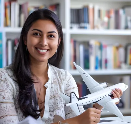 A smiling woman in a professional setting holding a model airplane, representing travel or business.