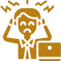 A yellow icon of a stressed person with raised hands and an exploding head, representing frustration or stress.